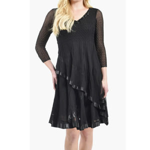 Komarov Cocktail Dress Sz M Beaded V-Neck Layered Chiffon 3/4 Sleeve Stretch NWT